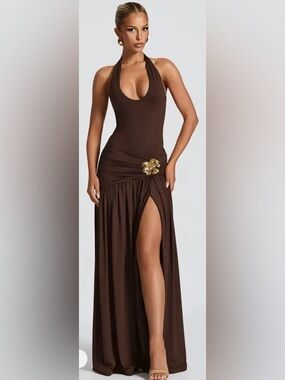 Chocolate Brown Halter Formal Dress w/ Gold Flower & Slit - Size L